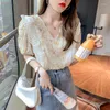 女性のブラウスvネックレースシフォンフローラル韓国ファッション夏の女性服ビンテージシャツトップベテメントフェム2022女性