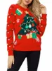 Pulls pour femmes Pull imprimé arbre de Noël avec pull à manches pour femmes 2022 Dames O-cou tricoté Maillot de Noël Rouge Pull surdimensionné