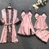 home clothing Sexy womens nightwear sets Satin Sleepwear Silk 4 Pieces pajamas Casual wear Strap Lace Pajamas set With Chest Pads 221202