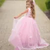 Mädchenkleider Schöne rosa 3D-Blume Mädchen durchsichtiger Ausschnitt S Perlen Ballkleid Stufen Tüll Lilttle Kindergeburtstag Festzug Hochzeit trägt