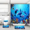 4Pcs/Set Bathroom Shower Curtain Toilet Mat Ocean Seaside Starfish Shell Dolphin Printed Washroom Bath Mats Curtains with Non-Slip Carpet Rug