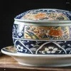Sk￥lar japanskt k￶k med lock sk￥len handm￥lad bl￥-vit porslin ￥ngad ￤gg keramisk soppa bordsartiklar