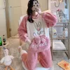 Roupas em casa Winter Manga longa de pijama de flanela quente grossa para mulheres coral Velvet Cartoon Sleepwear rosa kawaii fofo de coelho fofo 221202