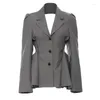 Trajes de mujer PREPOMP 2022 Otoño de manga larga con cuello entallado botones de un solo pecho volantes sin espalda ajustado gris Blazer abrigo de mujer GF814