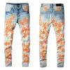 2022 Senaste listan Skinny Jeans For Mens Green Blue Star Mönster Label Floral Print Denim Pants Embroidery Men Fashion Designer Hip Hop Orange Size 28-40
