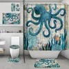 4Pcs/Set Bathroom Shower Curtain Toilet Mat Ocean Seaside Starfish Shell Dolphin Printed Washroom Bath Mats Curtains with Non-Slip Carpet Rug