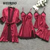 home clothing Sleepwear Female 4Pcs Pajamas Set Satin Pyjamamas Lace Patchwork Bril Wedding Nightwear Rayon Home Wear Nighty Robe Suit Drop 221202