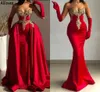 Saudi Arabia Red Mermaid Evening Dresses With Detachable Skirt Gold Lace Appliques Beaded Prom Party Gowns Plus Size Women Second Reception Formal Dress CL1544