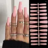 False Nails 24pcs Press On Nude Powder Long Ballet Butterfly Smudged Fake French Black Line Full Cover