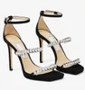 Eleganckie marki Bing sandały buty damskie kryształowe szpilki z paskami kwadratowy nosek Design Lady Sandalias suknia ślubna EU35-43