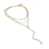 豪華なマルチレイヤーフラッシングクリスタル模倣真珠型ネックレス女性ギフト用の不規則な幾何学的長い鎖骨チェーン