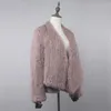 Women's Wool Blends Real Rabbit Fur Knit Cardigan Coat Female Natural Handmade Irregular Collar Overcoat Jacket Knitted Outerwear Vest 221205