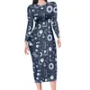 Robes décontractées été printemps automne sexy col rond manches longues robe moulante maxi motif géométrique abstrait imprimé bleu