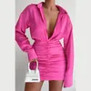 Robes de soirée Mode Manches Longues Col En V Profond Wrap Hanche Chemise Femmes Chic Ruché Moulante Mini Bureau Dames Tenues Casual Robe 221203