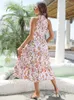 Vestidos de fiesta Chic Floral Off Hombro Sin mangas Midi Mujeres Elegante Cinturón Lace Up Ruffles Aline Beach Ladies Casual Vestidos 221203