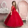 Mädchenkleider Rote Blume für Hochzeiten Halbarm Perlengürtel Tüll Spitze Erstkommunion Party Geburtstagskleid