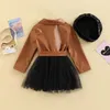 Robes de fille 37Y Enfants Filles Mode avec Béret Chapeau Bébé Automne Vêtements Enfants À Manches Longues Revers En Cuir PU Patchwork Tulle 221203