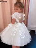 Puffy Cute White Flower Girl Dresses For Wedding 3D Floral Lace Sequins Kort ￤rmar Kids Toddar Pageant F￶delsedag Formella bollkl￤nningar F￶rsta nattvardskl￤nning CL1552