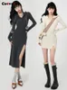 Party Dresses Cotvotee Hooded for Women Fashion Elegant V Neck Slim Split Sticked Mini Midi Long Sleeve BodyCon 221203