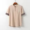Herr t-skjortor sommarlinne broderi kortärmad t-shirt v-ringning kinesisk stil trend halvärmad bomullstopp