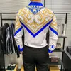 Herren-Freizeithemden, goldblaue Seide, stilvolle Luxus-Designerkleidung, königliches Retro-Satinhemd für Herren mit Aufdruck, glatte, barocke Vintage-Bluse