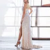 Feestjurken Sexy Sequine for Women Prom Split vork bodycon solide gouden avond bruidsmeisje v nek lang gewaad 2023 221203