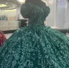 Chasseur vert Quinceanera Robes Cristaux Perlé Corset Dos Hors Épaule Fleurs Doux 16 Princesse Parti robe de bal Vestidos