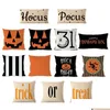 Federa per cuscino Cuscino per divano Er Halloween Treat or Trick Federa per cuscino Stile europeo Zucca Lettera inglese Federa per cuscino Vendita 5 5Ls L1 D Dhqa7