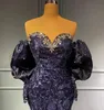 Marineblaue Abendkleider, schulterfrei, lange Ärmel, Spitze, Perlen, Meerjungfrau, Übergröße, Falten, aso ebi afircan Abendkleid