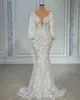 A Line Wedding Dresses Long Sleeve Sheer Neck Full Lace Floral Beaded African Trumpet Fishtail Beach Aso Ebi Bridal Gowns 2023 BC1447