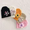 Knitted Beanie for Newborn Warm Hat Children Flower Skullies Solid Knit Bonnet with Big Sun Flower Baby Girls Turban Hats Cap