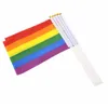 Bannerflaggor Rainbow Gay Pride Stick Flag med flaggstång 5x8 tum hand Vavande bannerhandtag med guld Top 1394 V2 Drop Delivery Ho DHLG8