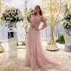 Pink Beading Top Evening Dresses Strapless Feather Arabic Prom Party Gown Crystal Tulle kjol Boho Vestido de Novia Gala Long