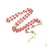 Подвесные ожерелья Красное хрустальное колье с розарием с чашкой золотой Иисус пересекает подвесные религиозные украшения для женщин