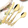 Dinnerware Sets Drmfiy 16Pcs Gold Set Vintage Stainless Steel Tableware Dinner Knife Fork Dessert Spoon Cutlery Kitchen Flatware