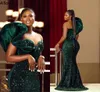 Girls Green African Dark Sequined Prom Dresses Sexy One Shoulder Ruched Mermaid Evening Gowns Aso Ebi Sweep Train Second Reception Formal Dress Plus Size CL