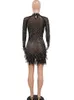 Party Dresses Kricesseen Sexiga p￤rlor Crystal Patchwork Feather Hem Mini Women Long Sleeve Mesh Sheer BodyCon Birthday Clubwear 221203