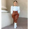 Clothing Sets Elegant Fashion Kids Girls Clothes Set Puff Sleeve Ribbed Blouse T Shirt Tops PU Leather Long Pants With Belt 2PCS Suit 221203
