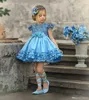 Vestidos para Meninas Florzinhas Azuis Meninas Manga Curta Pérolas Princesa Crianças Vestido de Primeira Comunhão Vestido de Baptizado Criança até os Joelhos