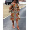 Vêtements ethniques Robes africaines pour femmes Dahsiki Imprimer Vêtements Européens Encolure à manches longues Ceinture Maxi Robe ample