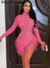 Party Dresses Kricesseen Sexiga p￤rlor Crystal Patchwork Feather Hem Mini Women Long Sleeve Mesh Sheer BodyCon Birthday Clubwear 221203