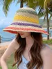 Chapeaux à large bord seau femme paille de soleil fait à la main arc-en-ciel rayé crochet plage BOHO chapeau 221205