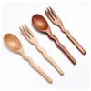 Dinnerware Sets Wooden Handle Tea Spoon Wavy Shape Wood Fork Dessert Restaurant Small Soup Home Tableware Utensils