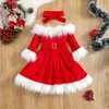 女の子のドレスキッドベビーガールクリスマス服セットフェイクファーパッチワーク長袖のアラインドレスベルトボウヘッドバンド221203