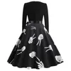 Lässige Kleider Frühling Winter Herbst Halloween Skelett Handdruck Rundhalsausschnitt Schleife Langarm Damen Damen Kurz Skater Party Fany Kleid