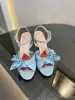 23ss Lovelight sandal with flower women's Buckle closure Sandals heeled light blue leather defined by a blooming flower detail Size 35-41