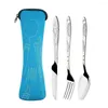 Dinnerware Sets 3pcs Portable Printed Stainless Steel Spoon Fork Steak Knife Set Travel Cutlery Tableware With Bag Kitchen Table