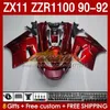 Fairings Kit f￶r Kawasaki Ninja ZX 11 R 11R ZX-11 R ZZR1100 ZZR 1100 CC BODY 164NO.0 ZX11 R 90-92 ZX-11R ZZR-1100 ZX11R 90 91 92 1990 1991 1992 ABS Full Fairing Metall Red