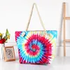 Rainbow Shopping Bag Jute Tie Dye Tote Zipper Closure Rope Handle Canvas Beach Bags for Women Overnight Shoulder Bag JA079