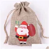 Present Wrap Christmas Burlap Linen DString Bag Gift Wraps Santa Claus Snowman Penguin Elk Candy Jewelry Packaging Present förvaringspåsar Dhigf